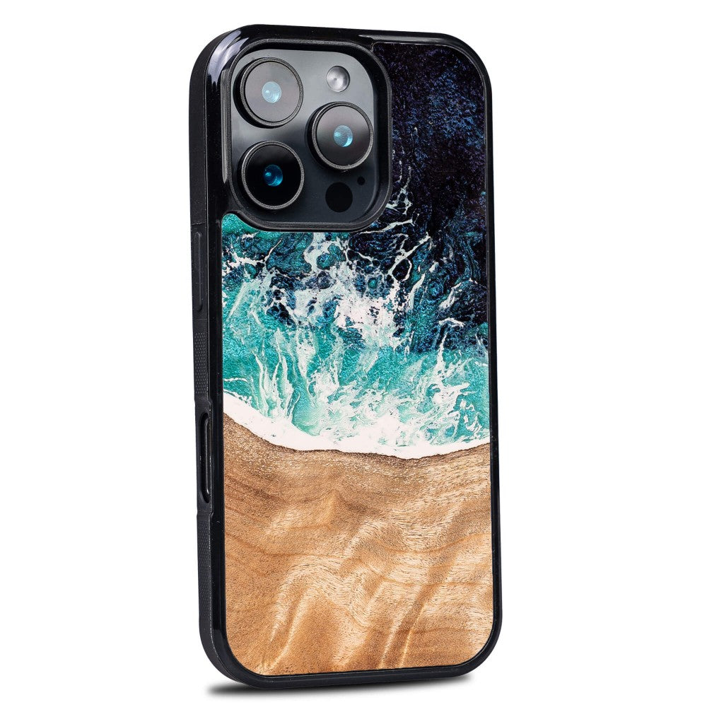 Holzhülle für iPhone 16 Pro, Bewood Unique Dream Island, Blau-Braun