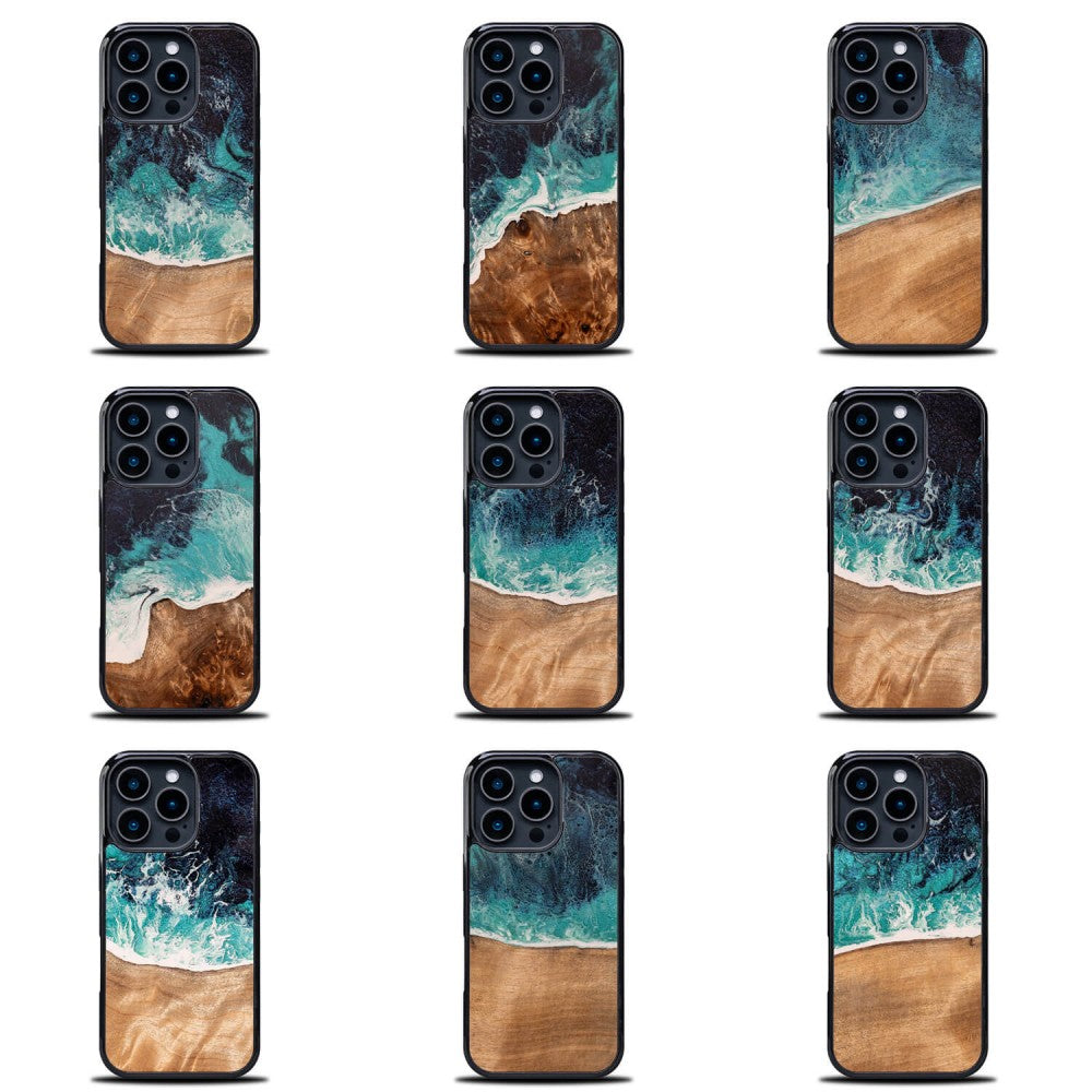 Holzhülle für iPhone 16 Pro, Bewood Unique Dream Island, Blau-Braun