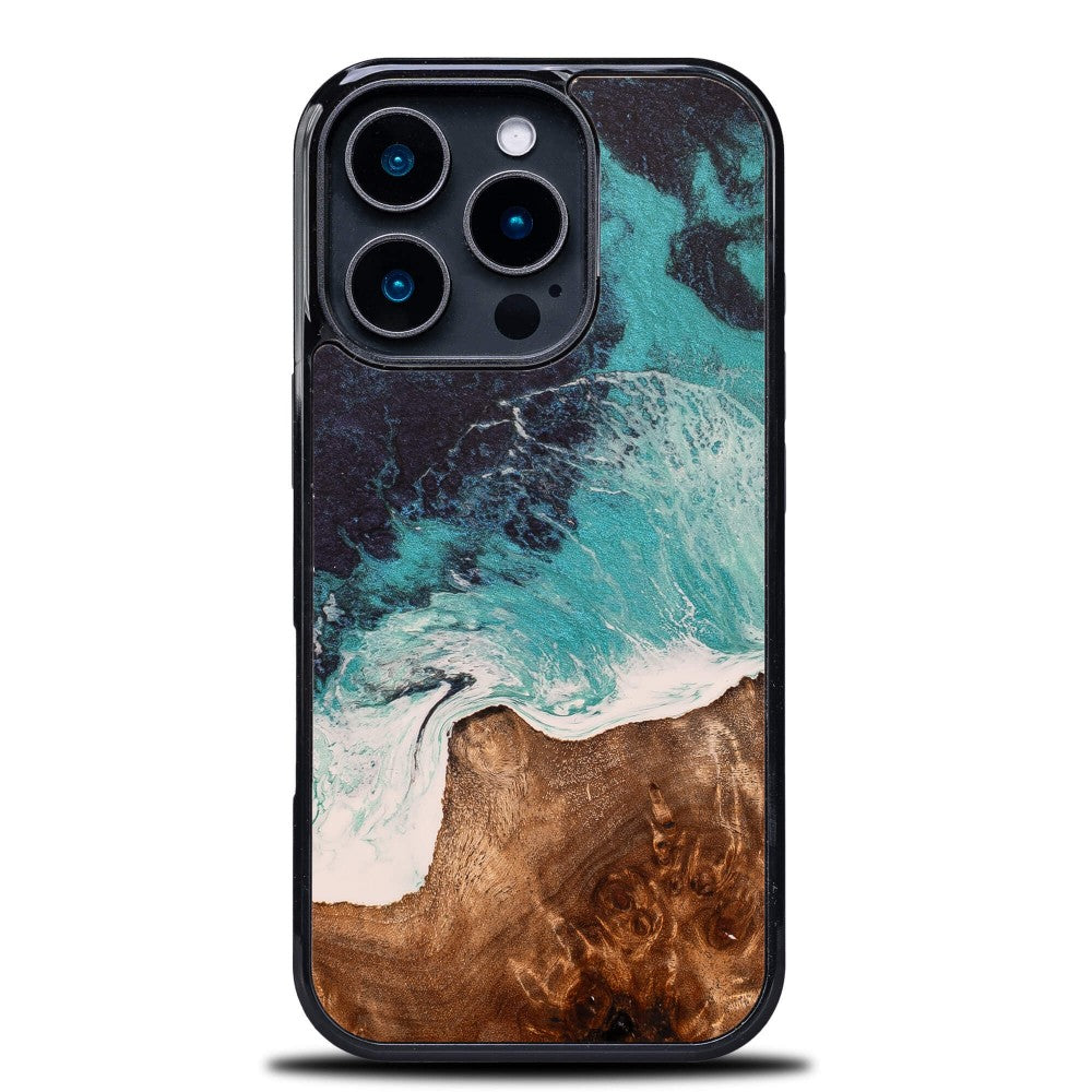 Holzhülle für iPhone 16 Pro, Bewood Unique Dream Island, Blau-Braun