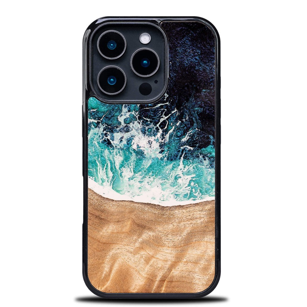 Holzhülle für iPhone 16 Pro, Bewood Unique Dream Island, Blau-Braun
