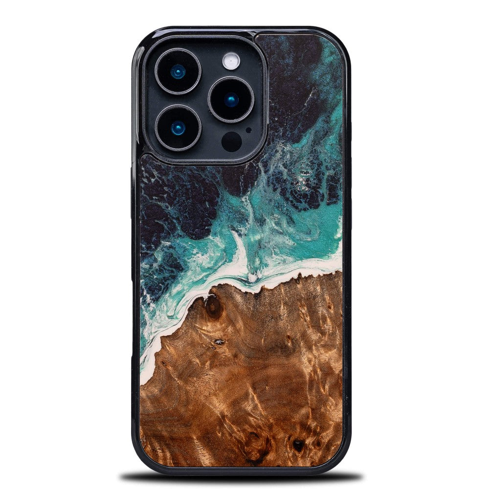 Holzhülle für iPhone 16 Pro, Bewood Unique Dream Island, Blau-Braun