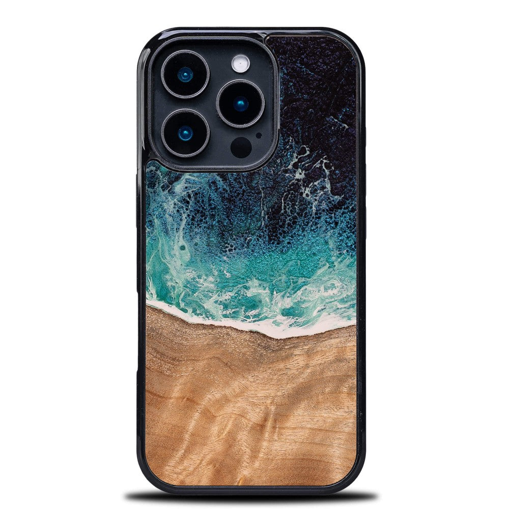 Holzhülle für iPhone 16 Pro, Bewood Unique Dream Island, Blau-Braun