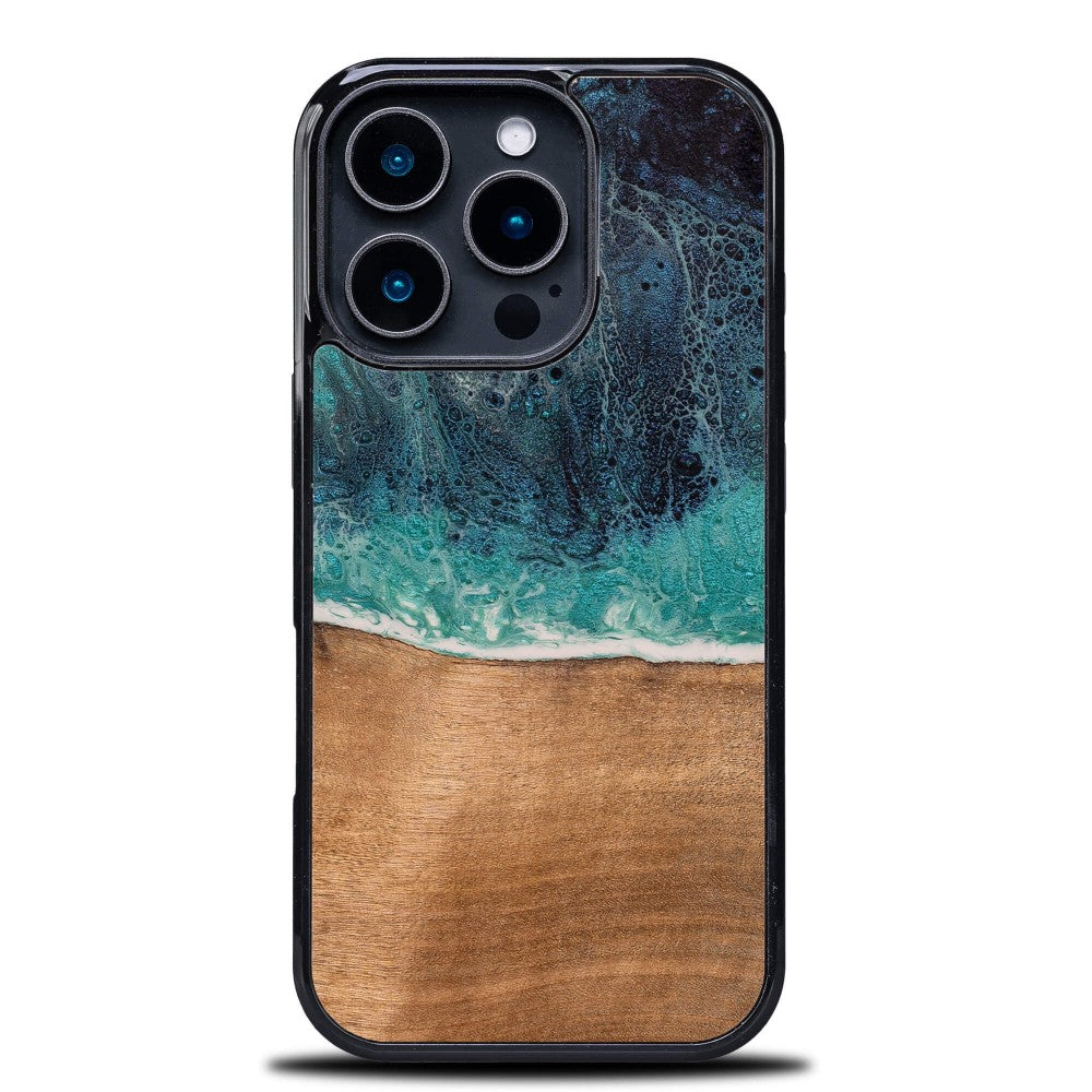 Holzhülle für iPhone 16 Pro, Bewood Unique Dream Island, Blau-Braun