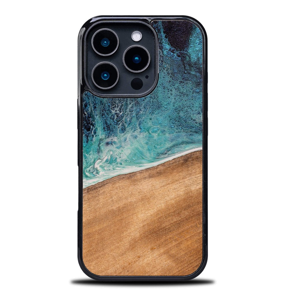 Holzhülle für iPhone 16 Pro, Bewood Unique Dream Island, Blau-Braun