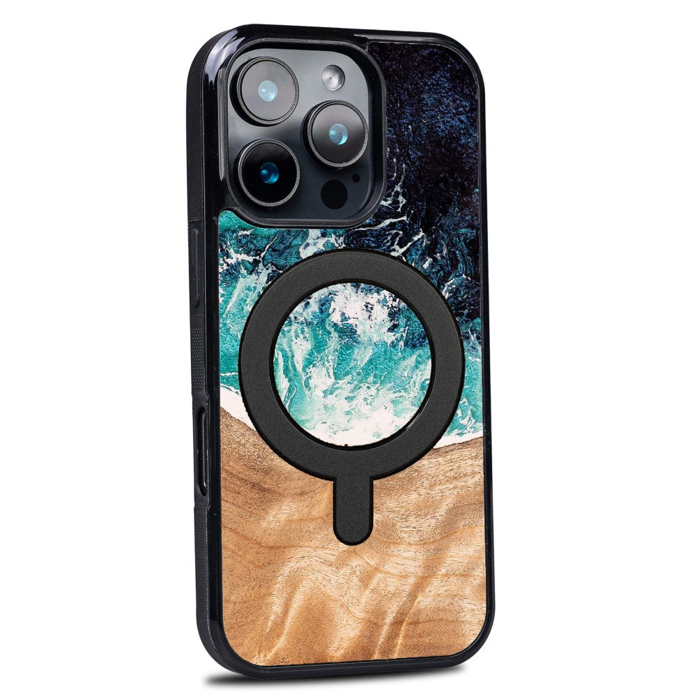 Holzhülle für iPhone 16 Pro, Bewood Unique Dream Island für MagSafe, Blau-Braun