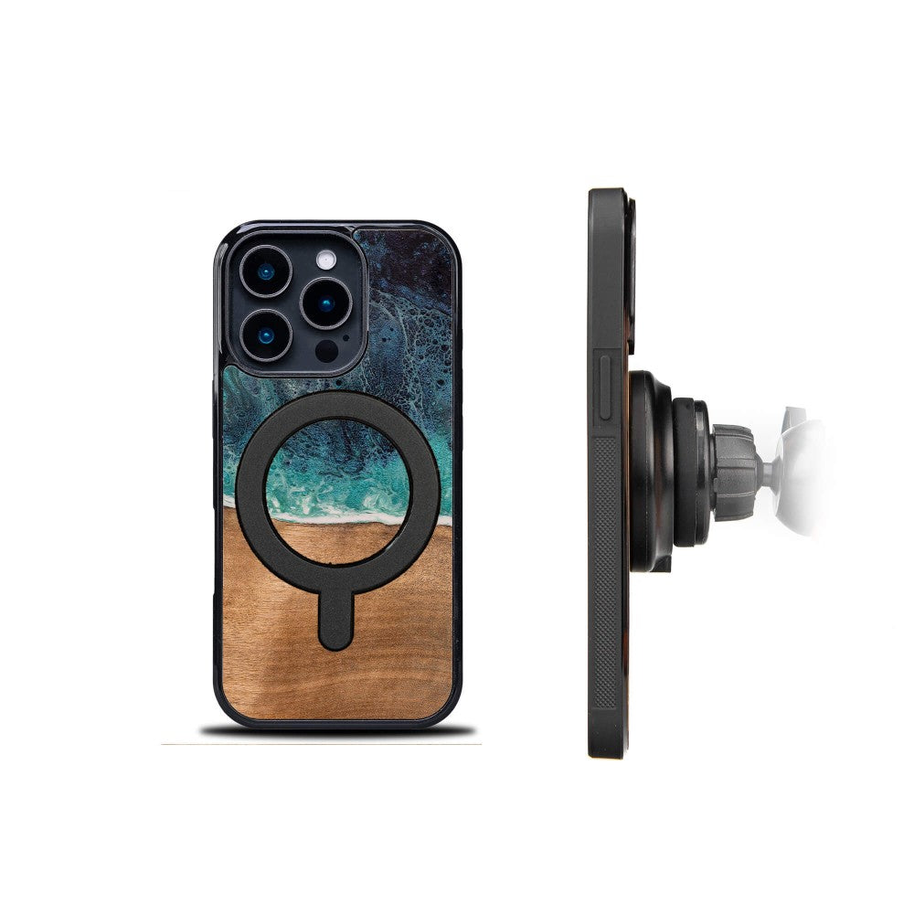Holzhülle für iPhone 16 Pro, Bewood Unique Dream Island für MagSafe, Blau-Braun