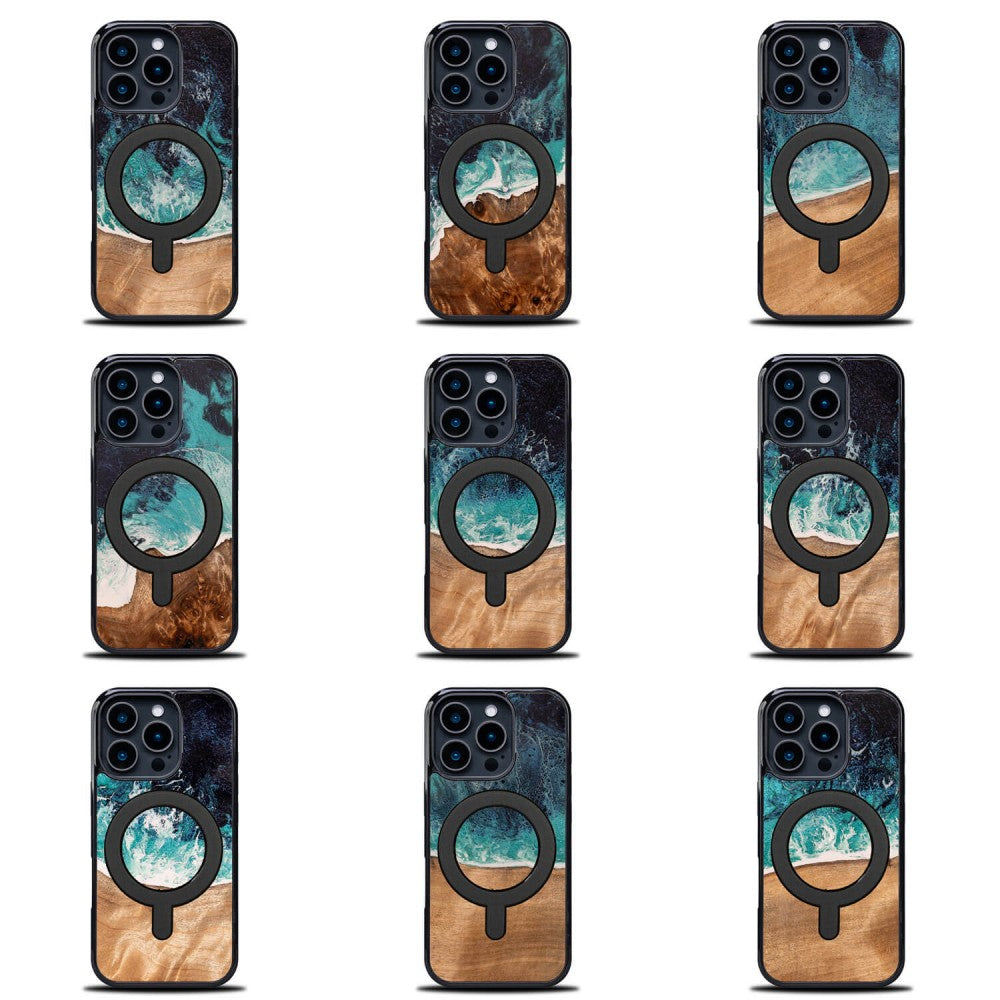 Holzhülle für iPhone 16 Pro, Bewood Unique Dream Island für MagSafe, Blau-Braun
