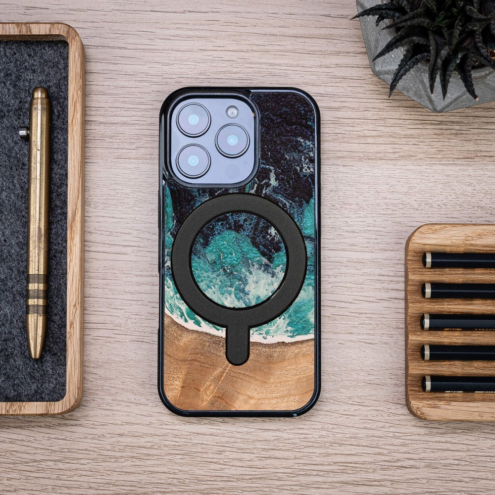 Holzhülle für iPhone 16 Pro, Bewood Unique Dream Island für MagSafe, Blau-Braun
