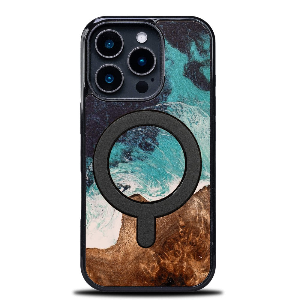 Holzhülle für iPhone 16 Pro, Bewood Unique Dream Island für MagSafe, Blau-Braun