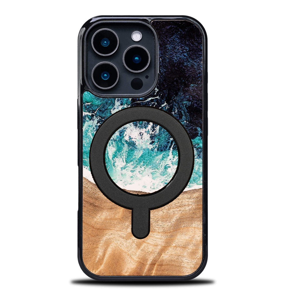 Holzhülle für iPhone 16 Pro, Bewood Unique Dream Island für MagSafe, Blau-Braun
