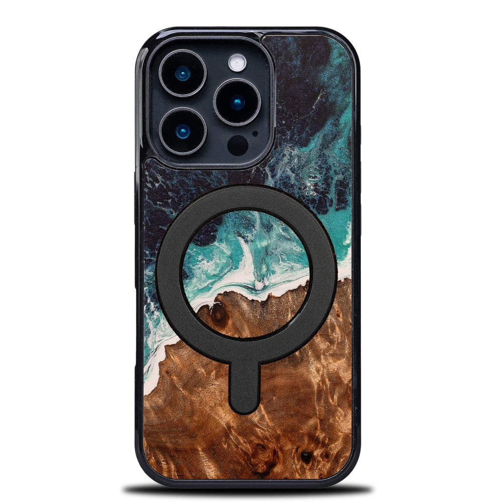 Holzhülle für iPhone 16 Pro, Bewood Unique Dream Island für MagSafe, Blau-Braun
