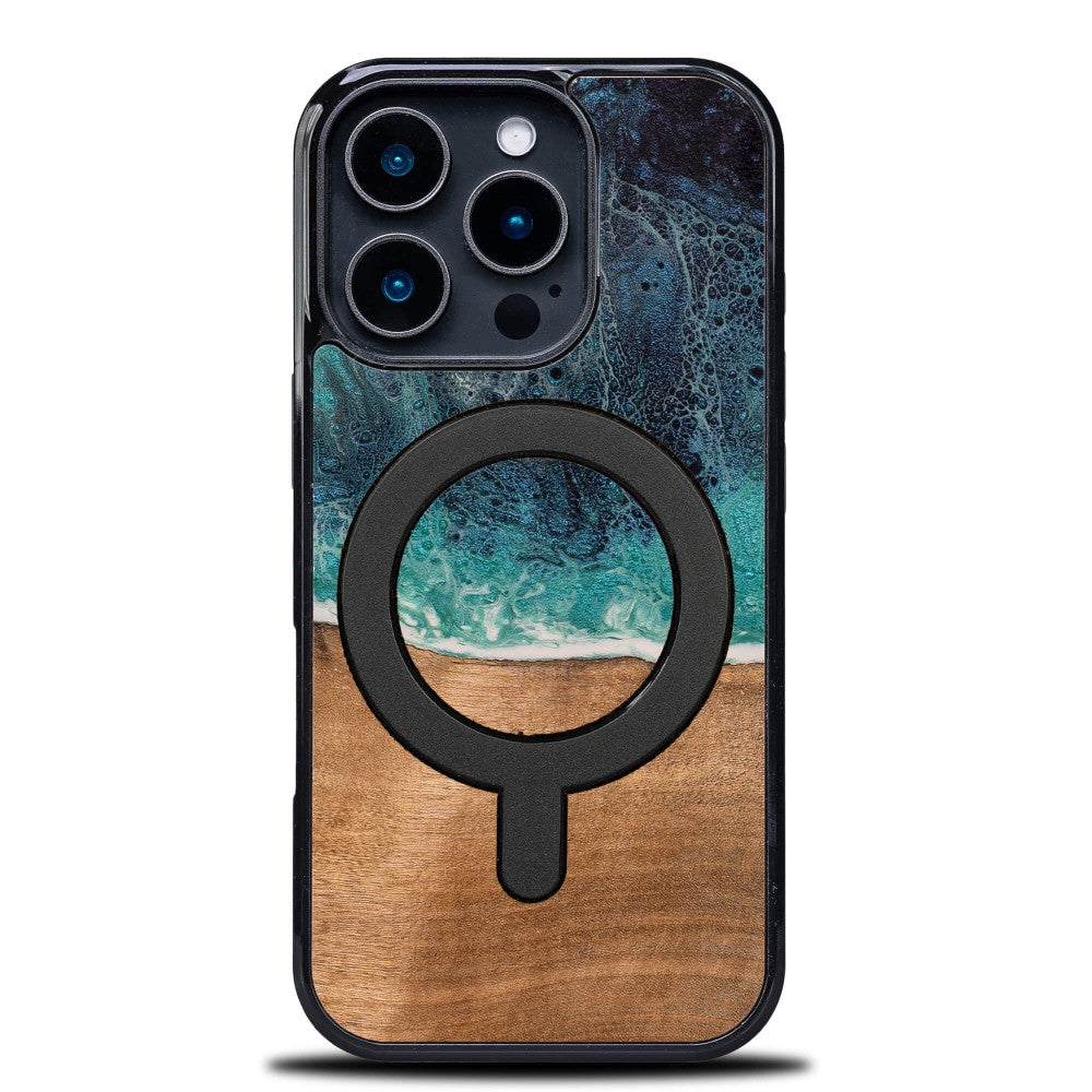 Holzhülle für iPhone 16 Pro, Bewood Unique Dream Island für MagSafe, Blau-Braun