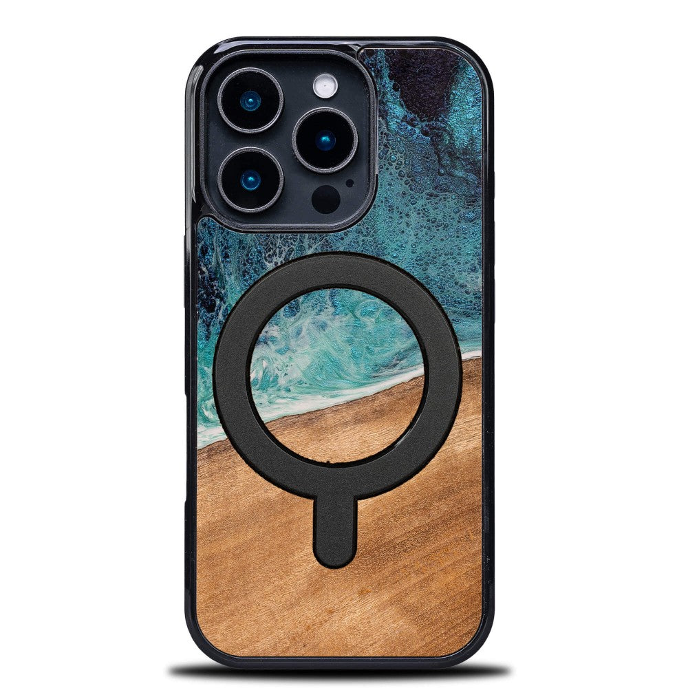 Holzhülle für iPhone 16 Pro, Bewood Unique Dream Island für MagSafe, Blau-Braun