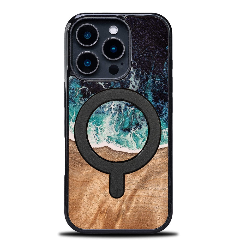 Holzhülle für iPhone 16 Pro, Bewood Unique Dream Island für MagSafe, Blau-Braun