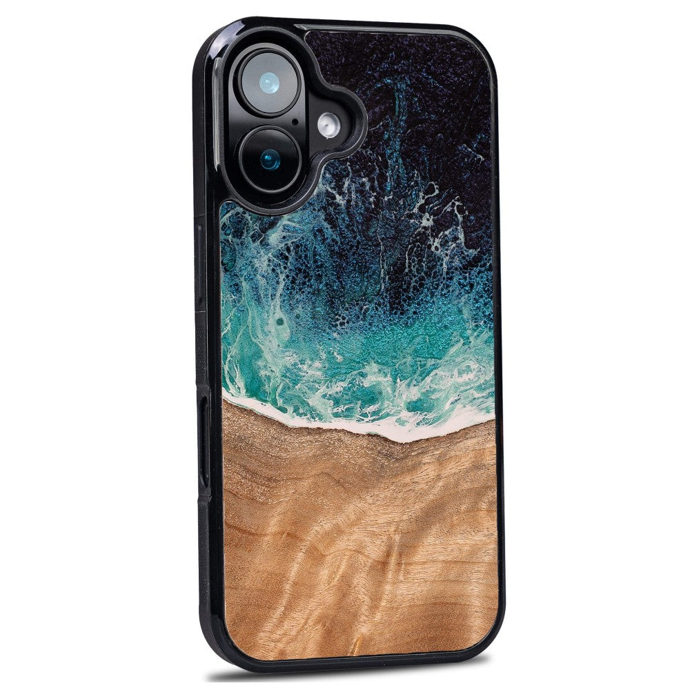 Holzhülle für iPhone 16, Bewood Unique Dream Island, Blau-Braun