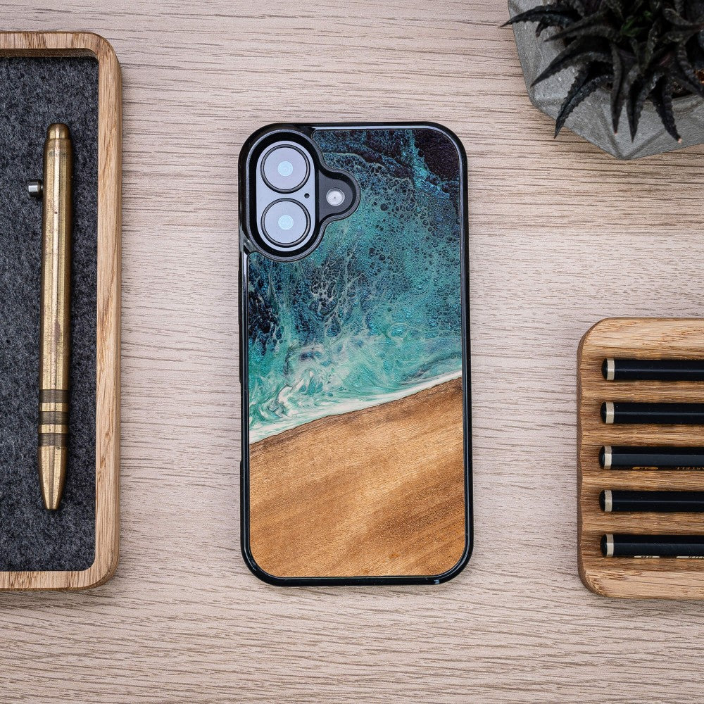 Holzhülle für iPhone 16, Bewood Unique Dream Island, Blau-Braun