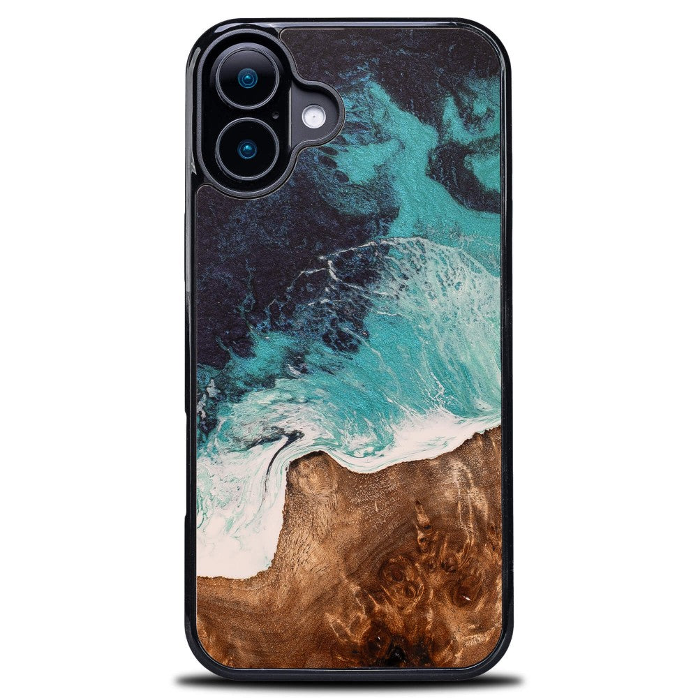Holzhülle für iPhone 16, Bewood Unique Dream Island, Blau-Braun