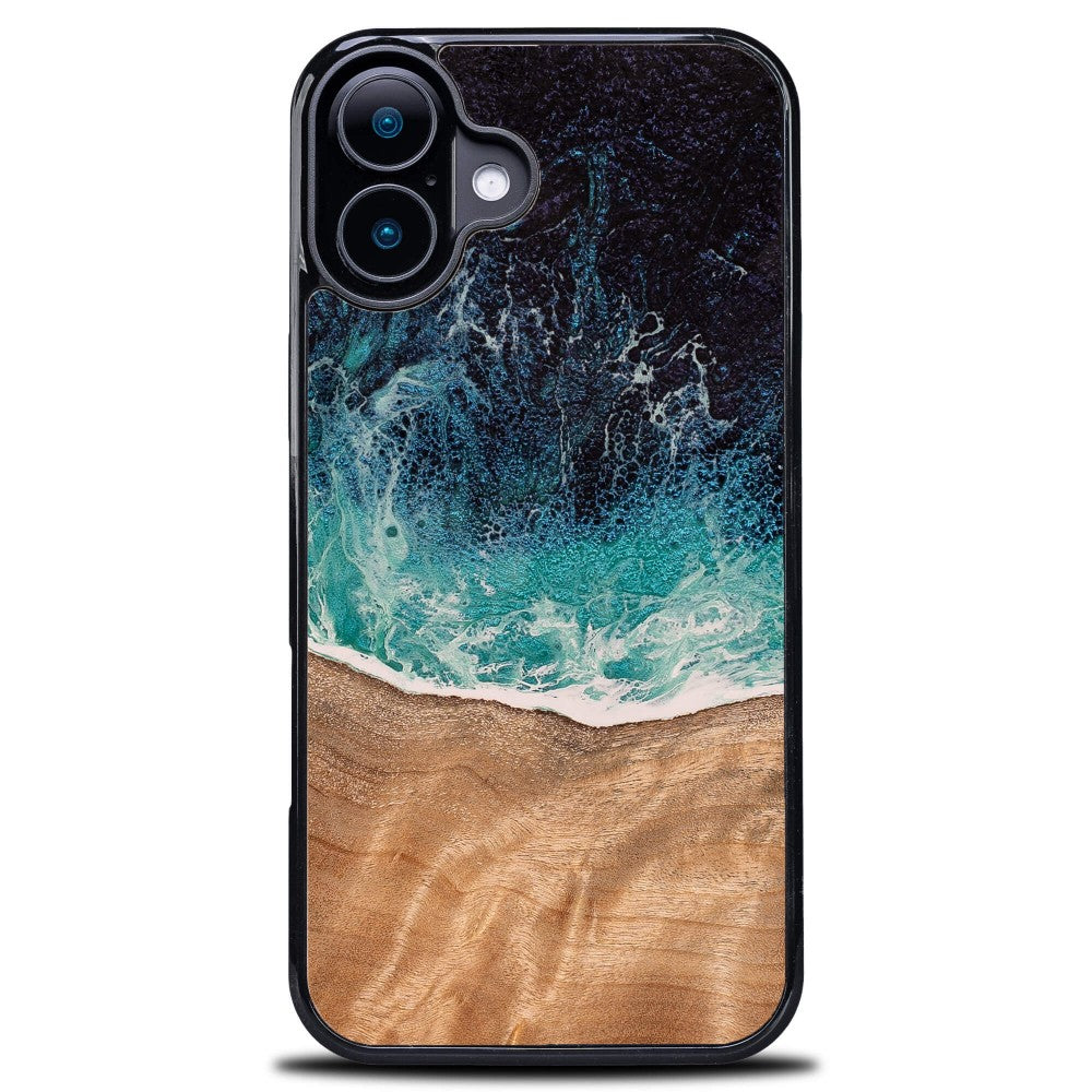 Holzhülle für iPhone 16, Bewood Unique Dream Island, Blau-Braun