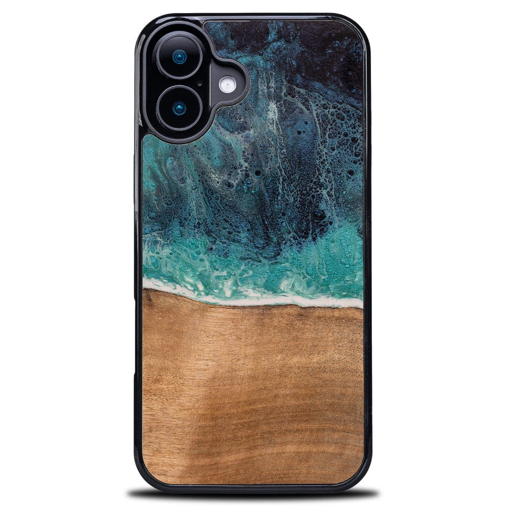 Holzhülle für iPhone 16, Bewood Unique Dream Island, Blau-Braun