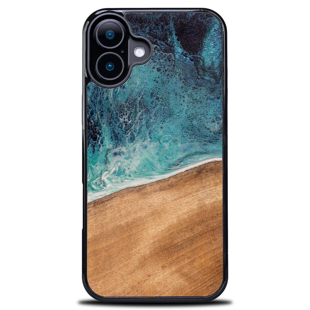 Holzhülle für iPhone 16, Bewood Unique Dream Island, Blau-Braun