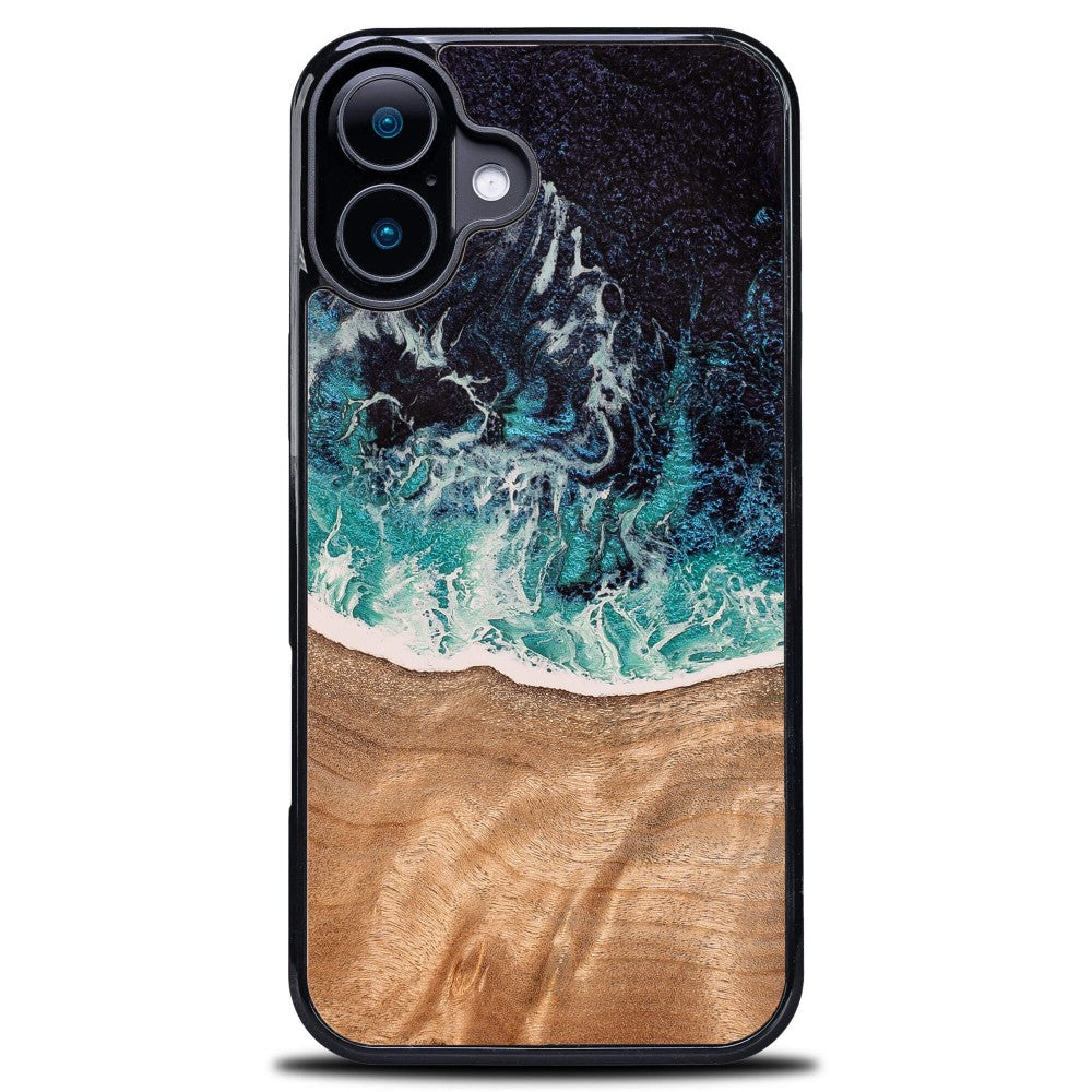 Holzhülle für iPhone 16, Bewood Unique Dream Island, Blau-Braun