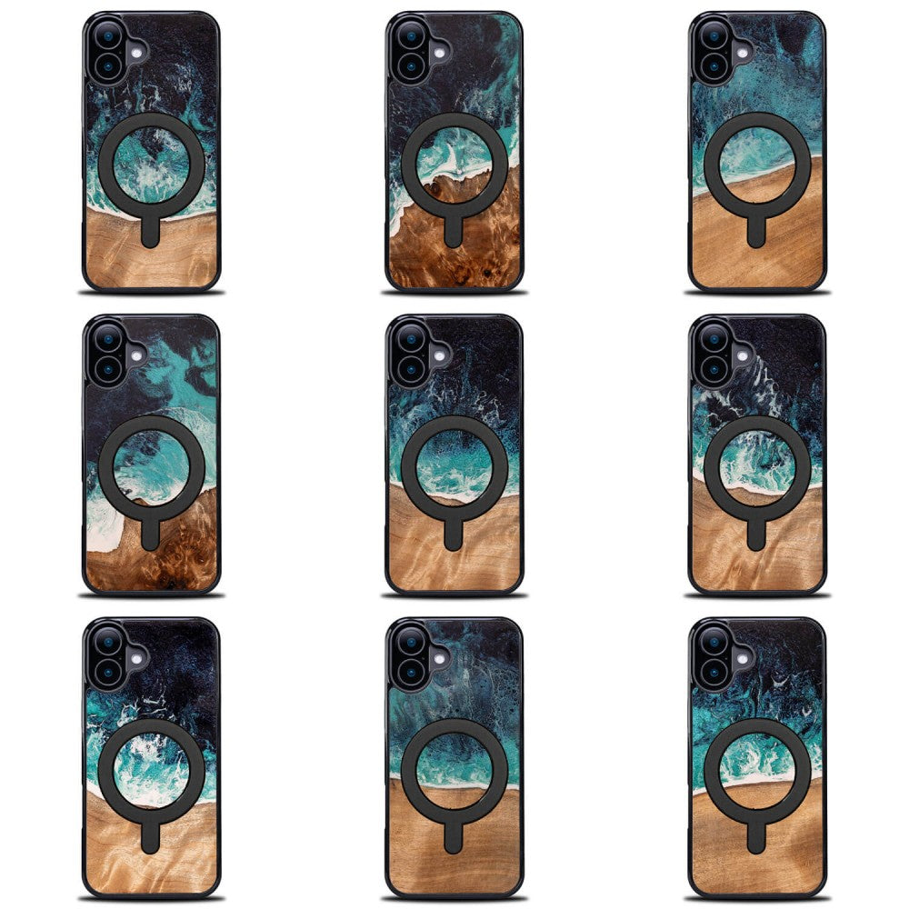 Holzhülle für iPhone 16, Bewood Unique Dream Island für MagSafe, Blau-Braun