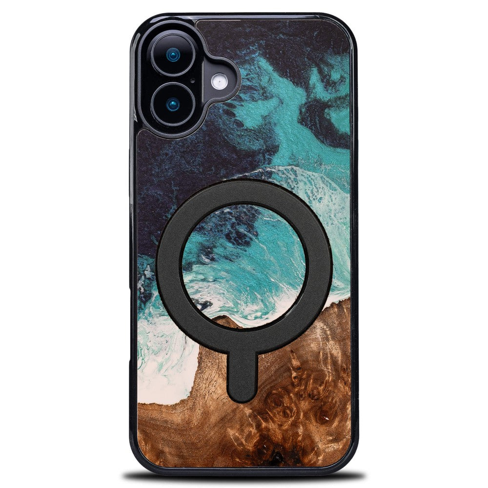 Holzhülle für iPhone 16, Bewood Unique Dream Island für MagSafe, Blau-Braun