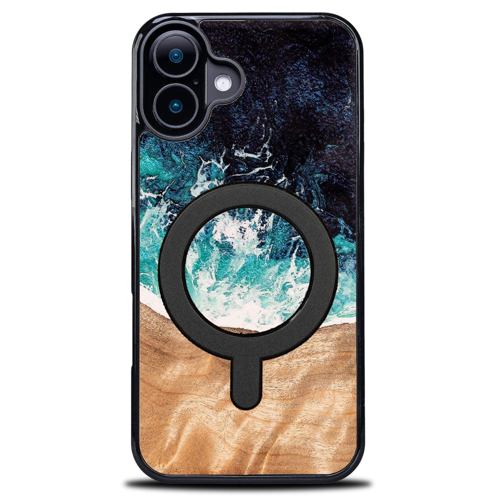Holzhülle für iPhone 16, Bewood Unique Dream Island für MagSafe, Blau-Braun