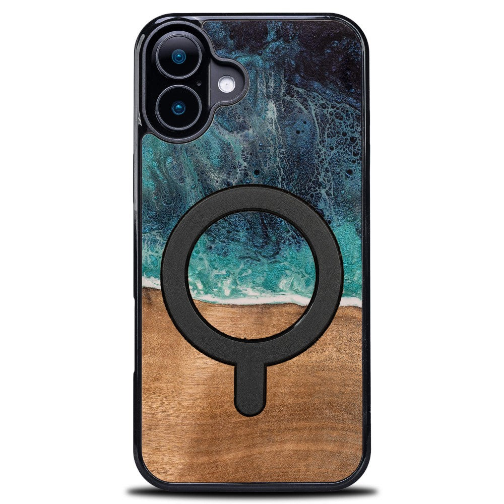 Holzhülle für iPhone 16, Bewood Unique Dream Island für MagSafe, Blau-Braun