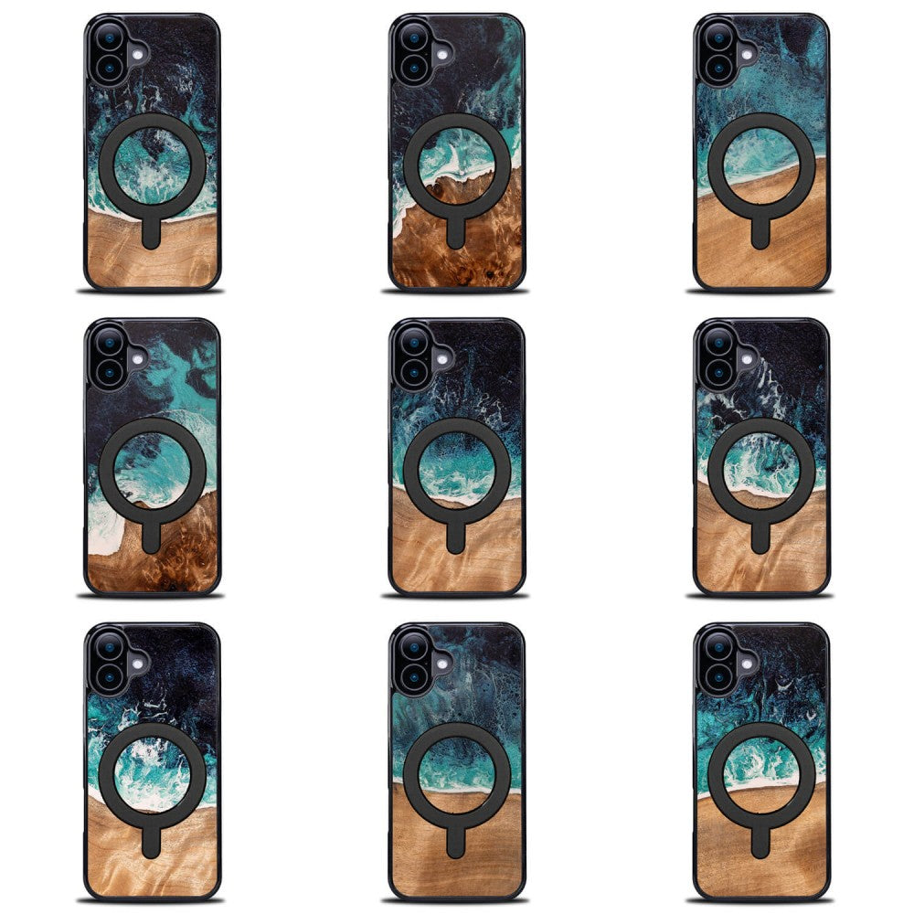 Holzhülle für iPhone 16 Plus, Bewood Unique Dream Island für MagSafe, Blau-Braun