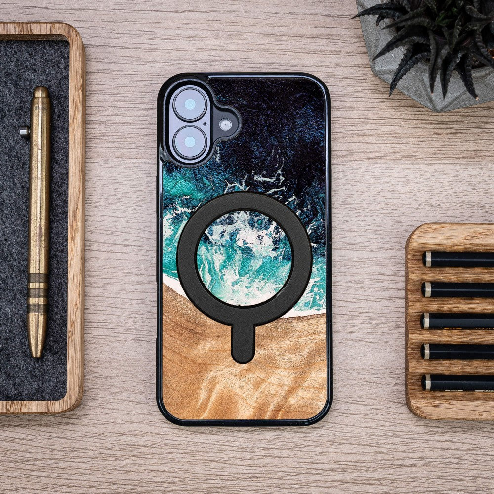 Holzhülle für iPhone 16 Plus, Bewood Unique Dream Island für MagSafe, Blau-Braun