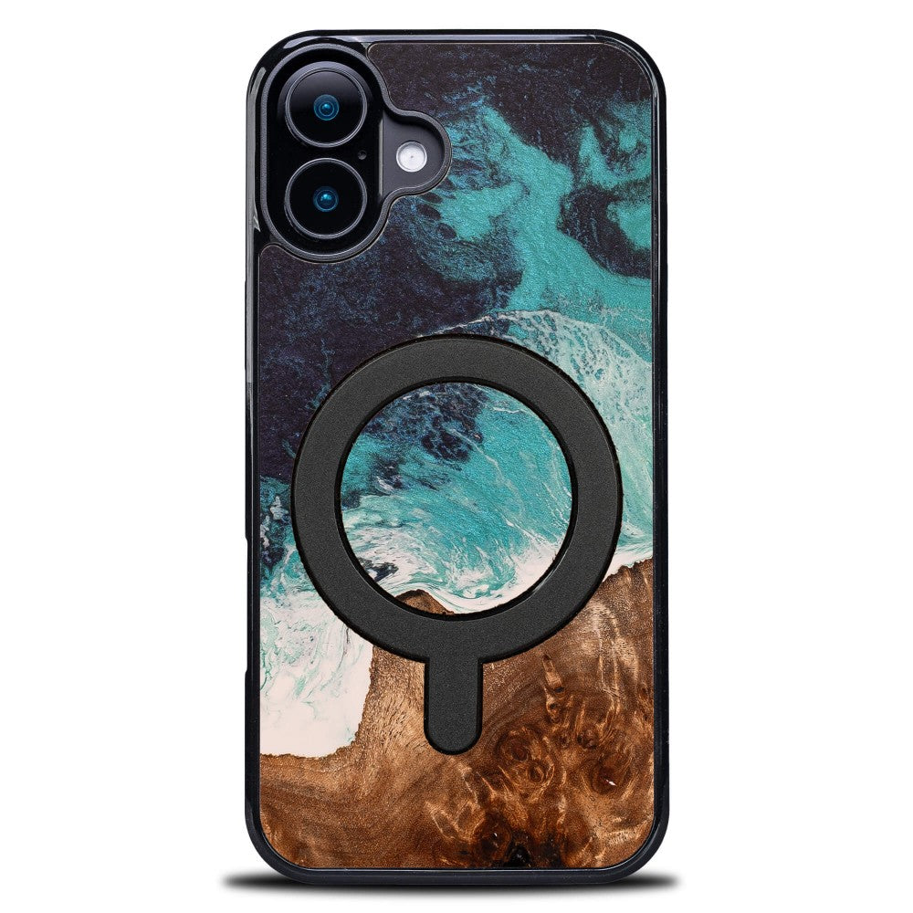 Holzhülle für iPhone 16 Plus, Bewood Unique Dream Island für MagSafe, Blau-Braun