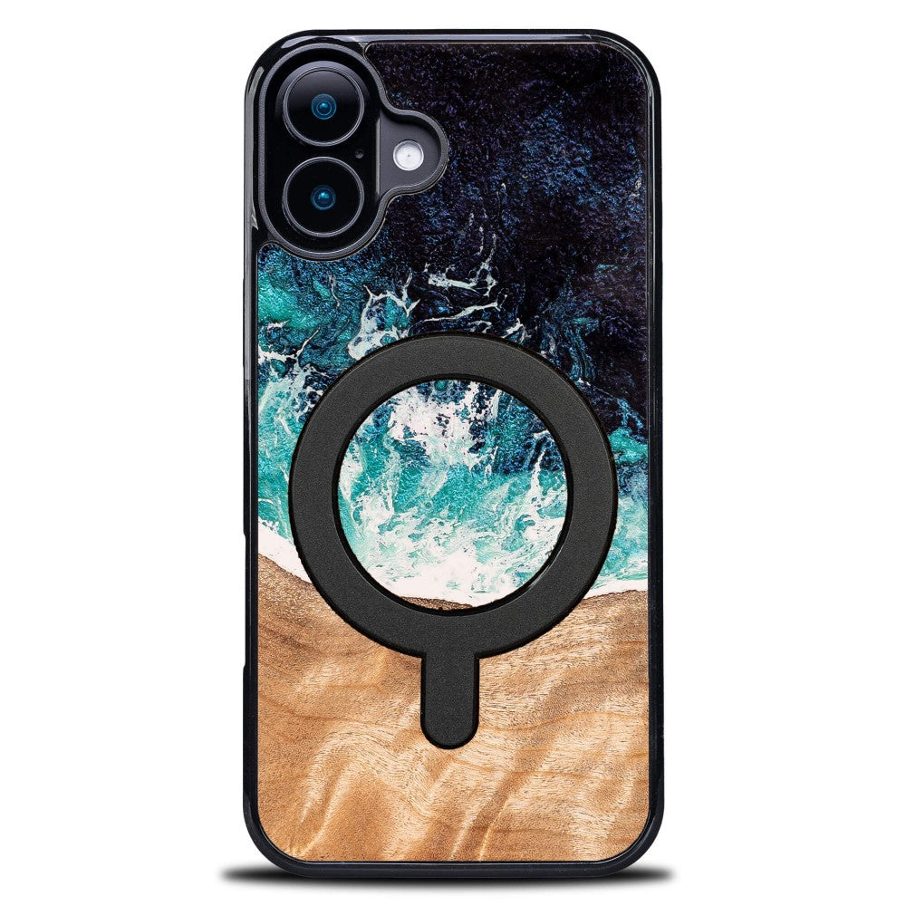 Holzhülle für iPhone 16 Plus, Bewood Unique Dream Island für MagSafe, Blau-Braun