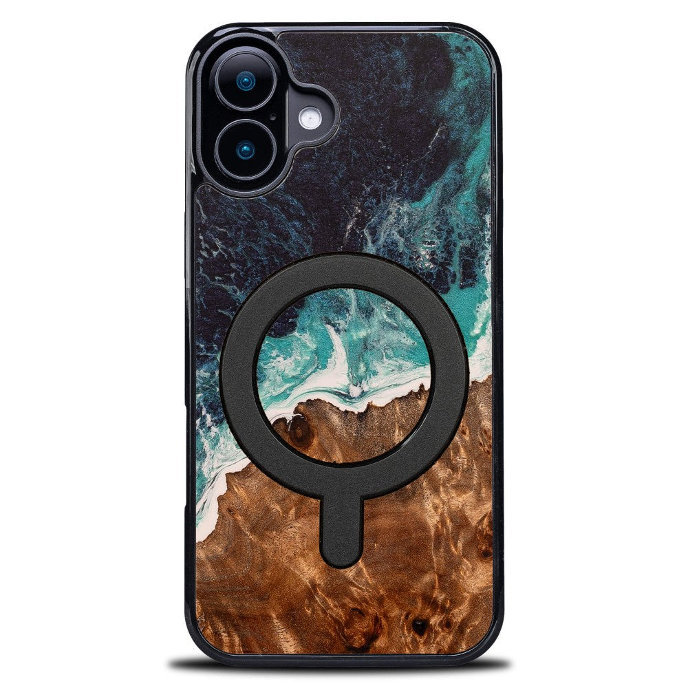 Holzhülle für iPhone 16 Plus, Bewood Unique Dream Island für MagSafe, Blau-Braun