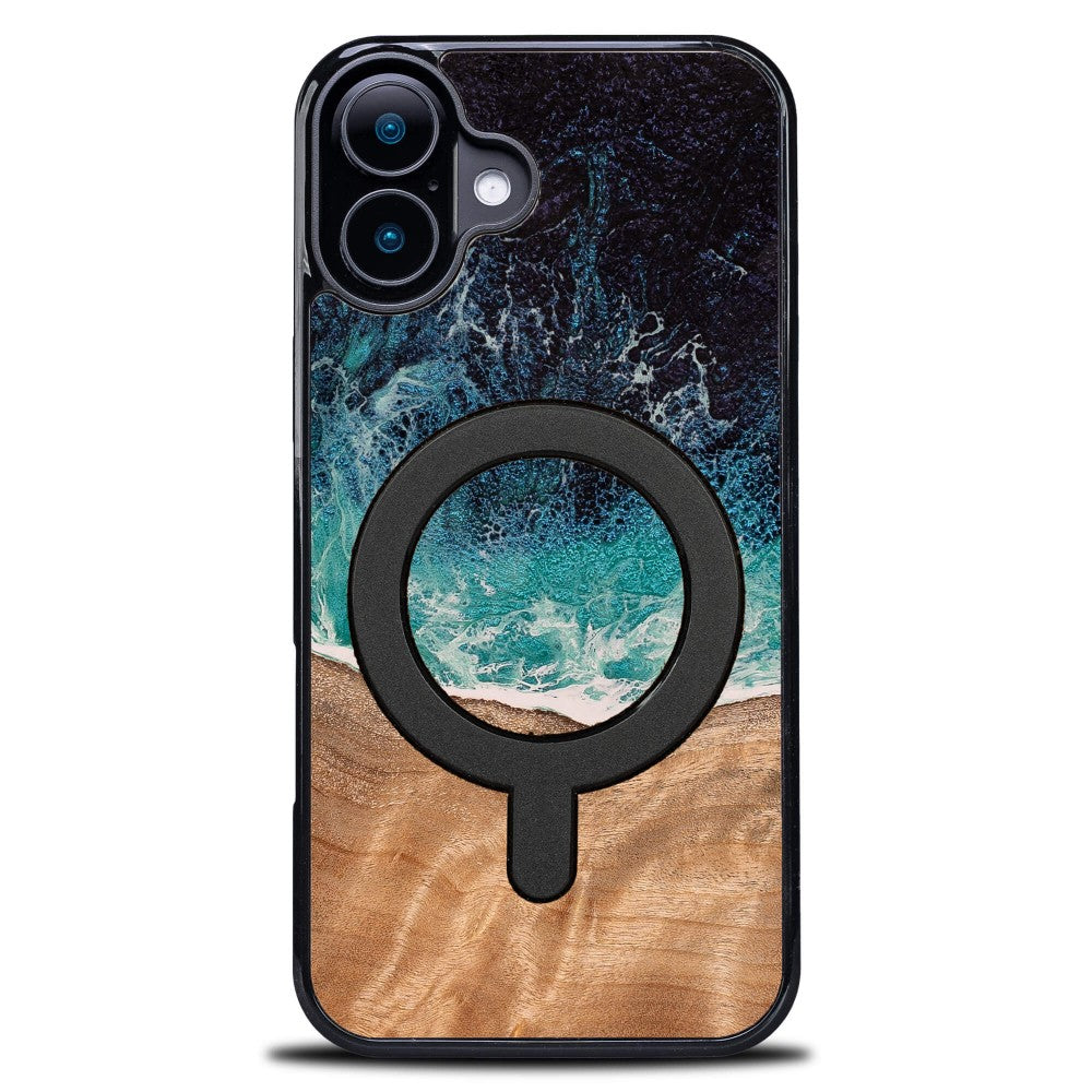 Holzhülle für iPhone 16 Plus, Bewood Unique Dream Island für MagSafe, Blau-Braun