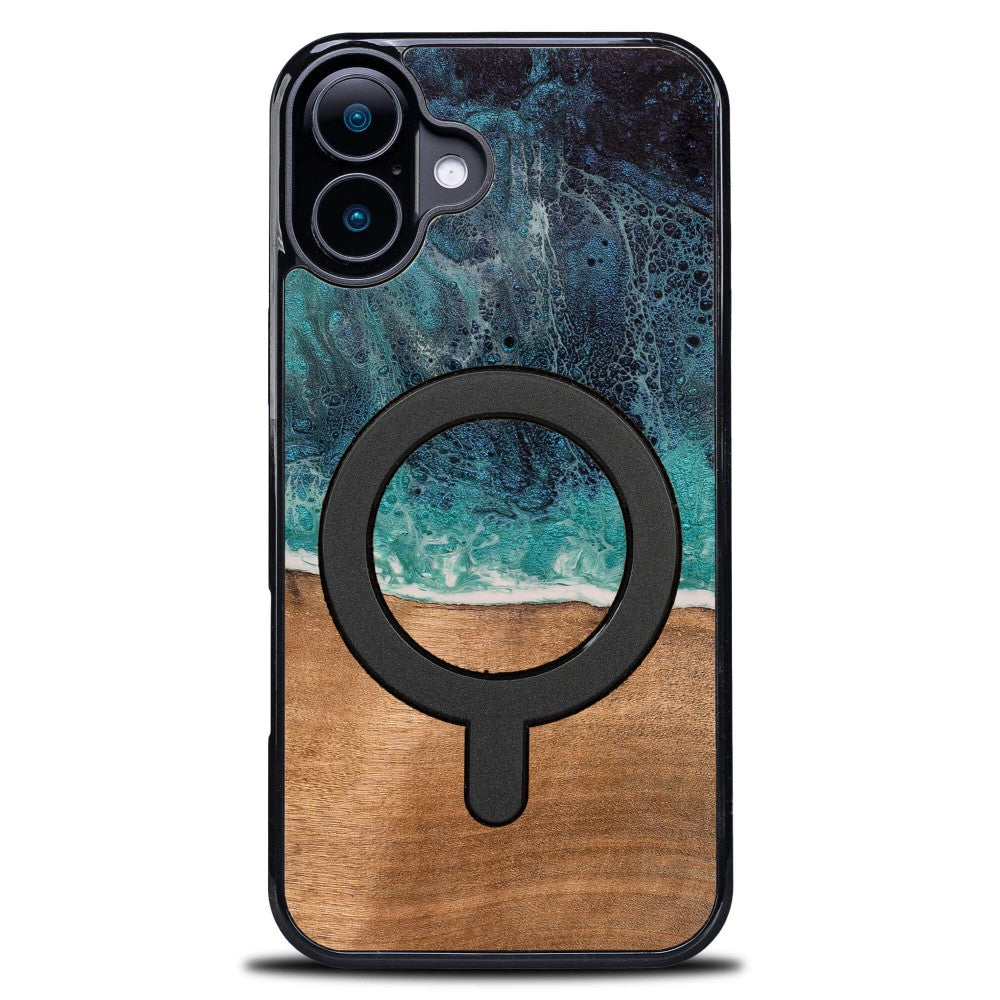 Holzhülle für iPhone 16 Plus, Bewood Unique Dream Island für MagSafe, Blau-Braun