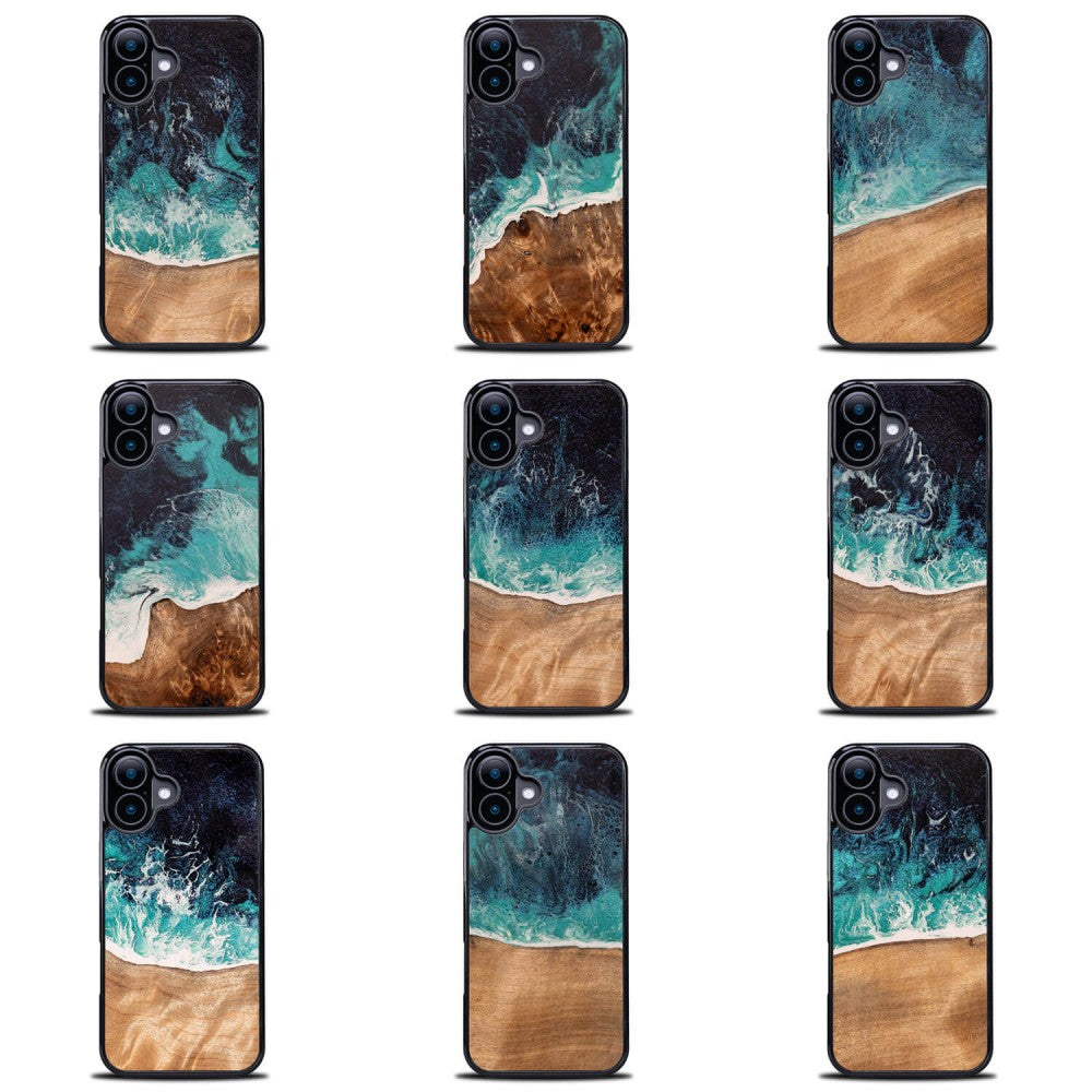Holzhülle für iPhone 16 Plus, Bewood Unique Dream Island, Blau-Braun