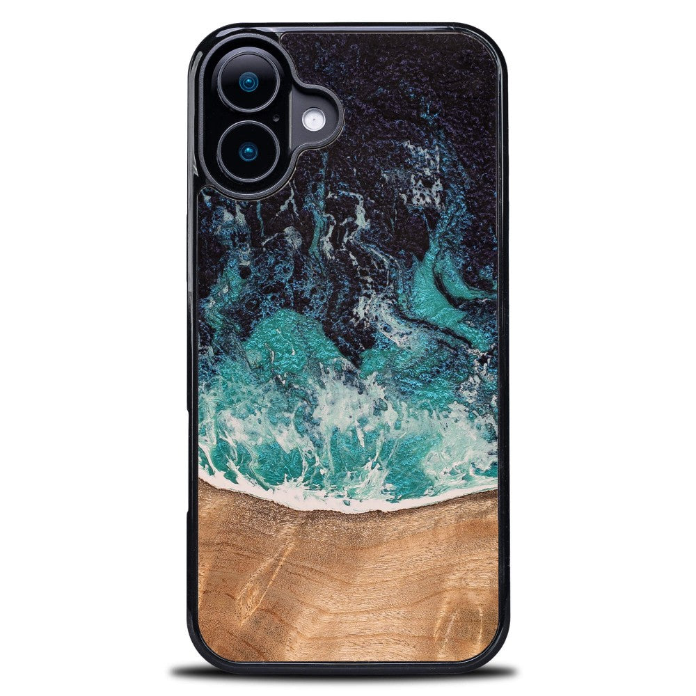 Holzhülle für iPhone 16 Plus, Bewood Unique Dream Island, Blau-Braun