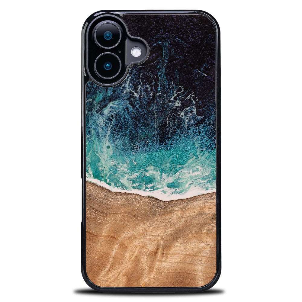Holzhülle für iPhone 16 Plus, Bewood Unique Dream Island, Blau-Braun