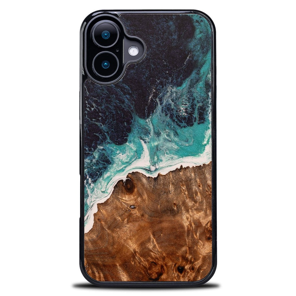 Holzhülle für iPhone 16 Plus, Bewood Unique Dream Island, Blau-Braun