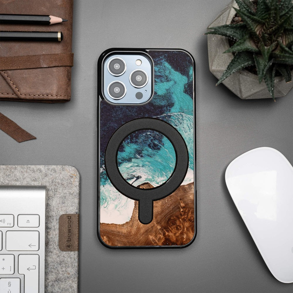 Holzhülle für iPhone 15 Pro Max, Bewood Unique Dream Island für MagSafe, Blau-Braun