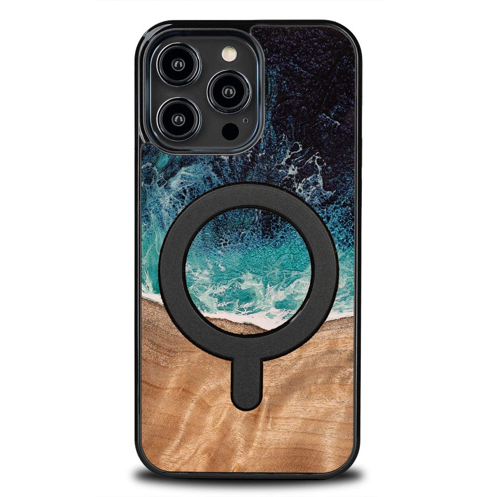 Holzhülle für iPhone 15 Pro Max, Bewood Unique Dream Island für MagSafe, Blau-Braun
