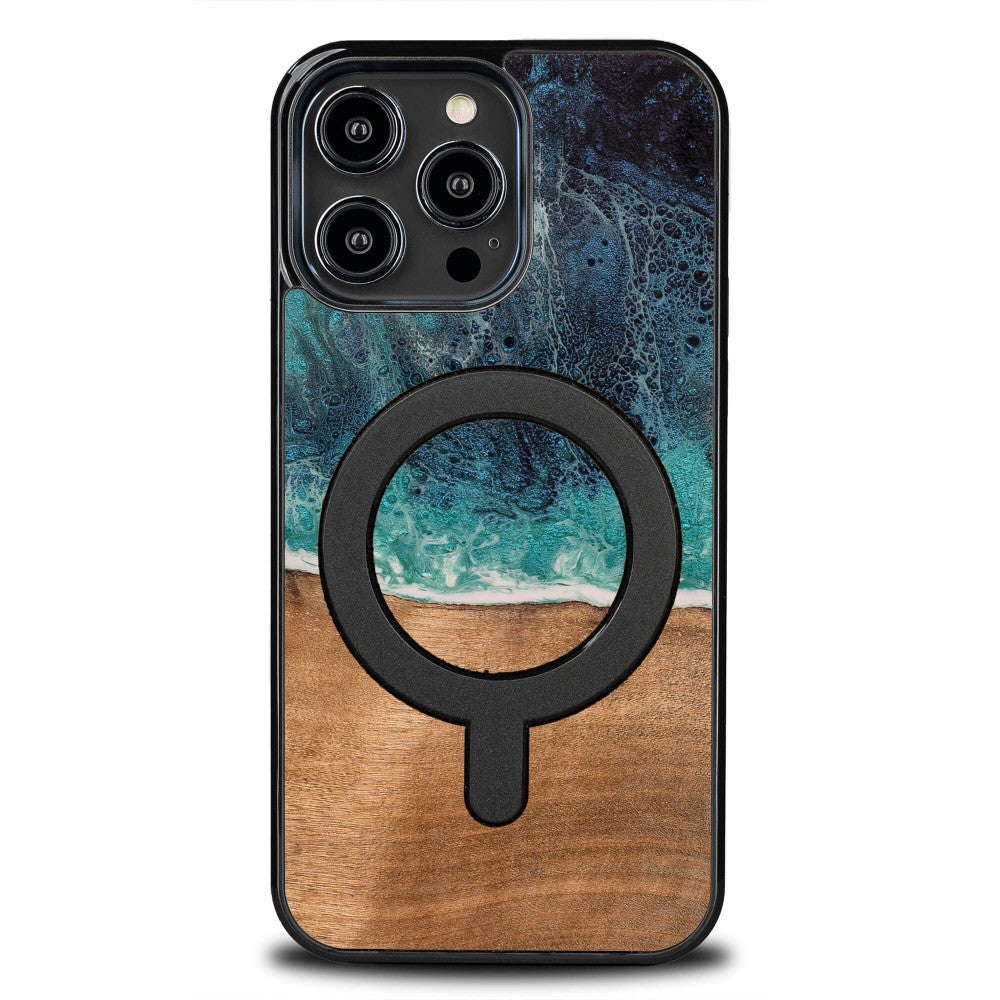 Holzhülle für iPhone 15 Pro Max, Bewood Unique Dream Island für MagSafe, Blau-Braun