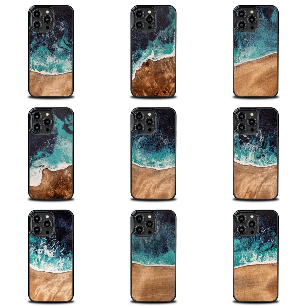 Holzhülle für iPhone 15 Pro Max, Bewood Unique Dream Island, Blau-Braun