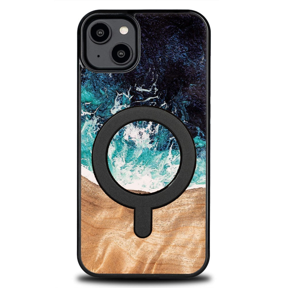 Holzhülle für iPhone 15 Plus, Bewood Unique Dream Island für MagSafe, Blau-Braun