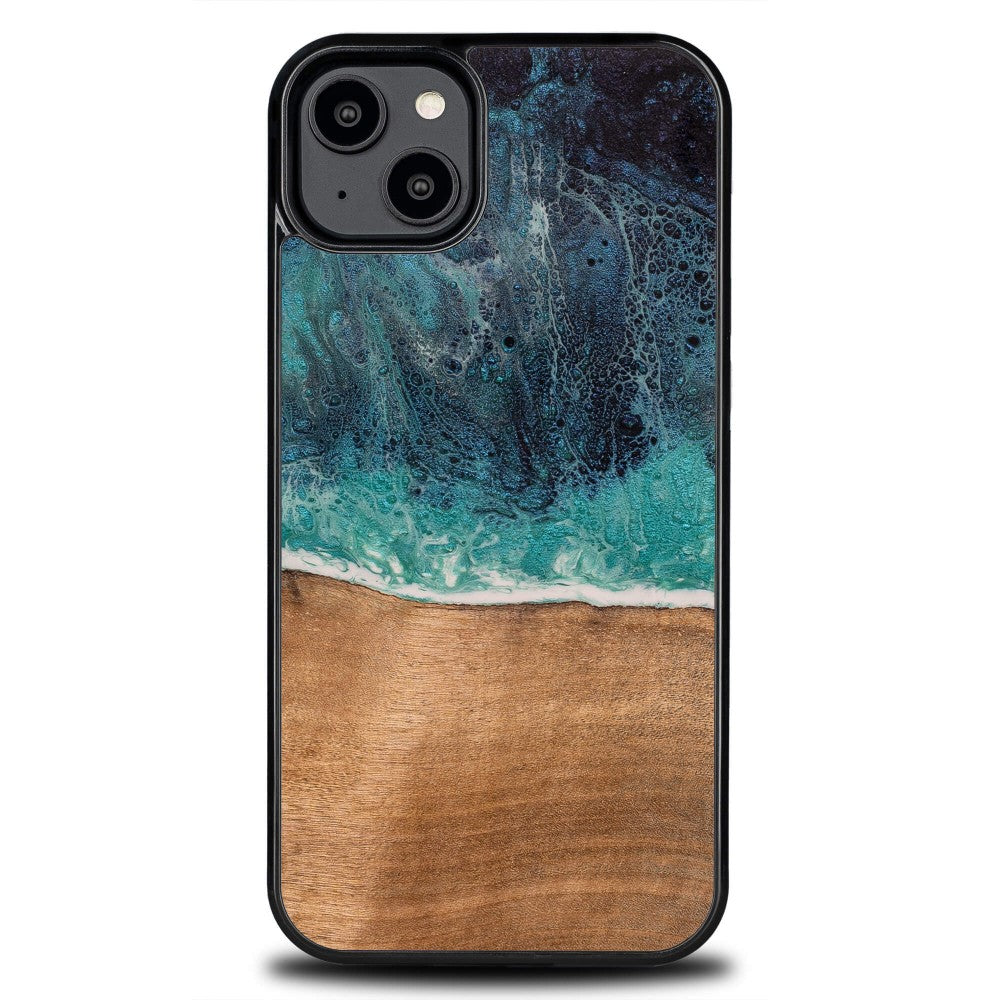 Holzhülle für iPhone 15 Plus, Bewood Unique Dream Island, Blau-Braun