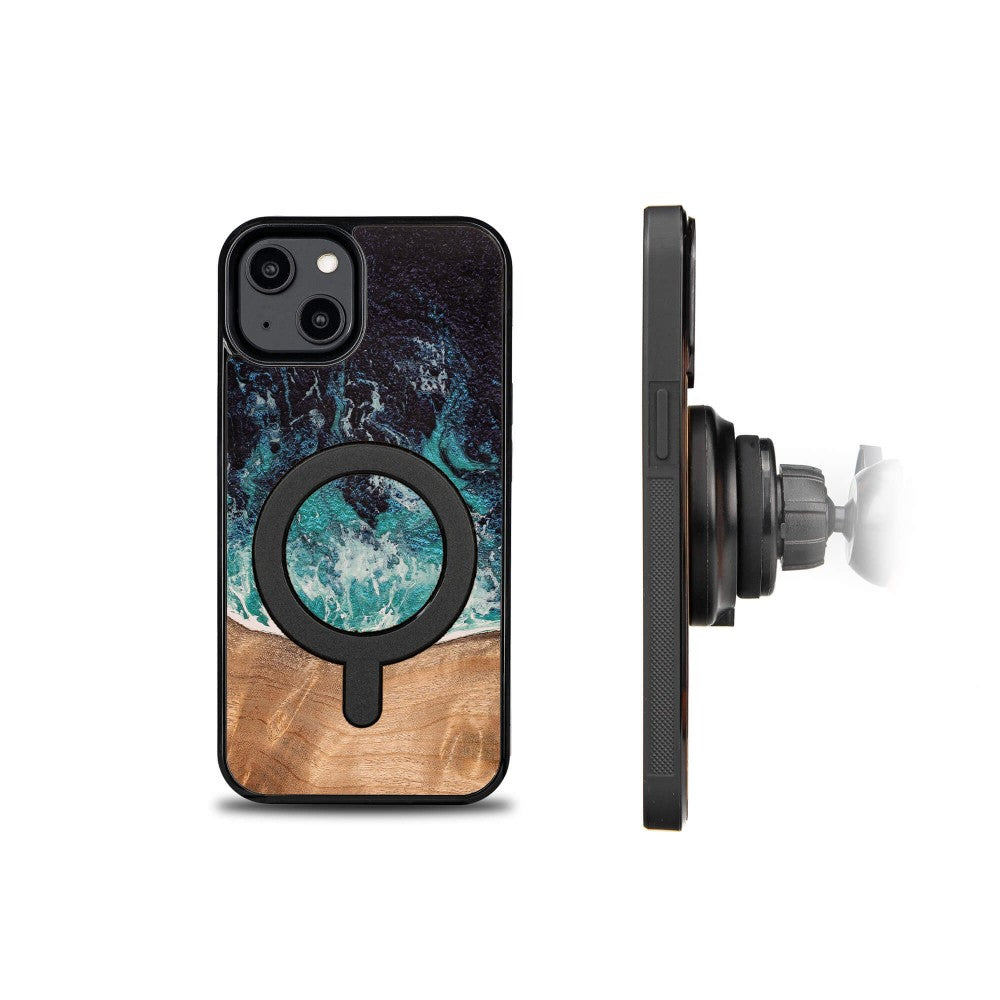 Holzhülle für iPhone 15, Bewood Unique Dream Island für MagSafe, Blau-Braun