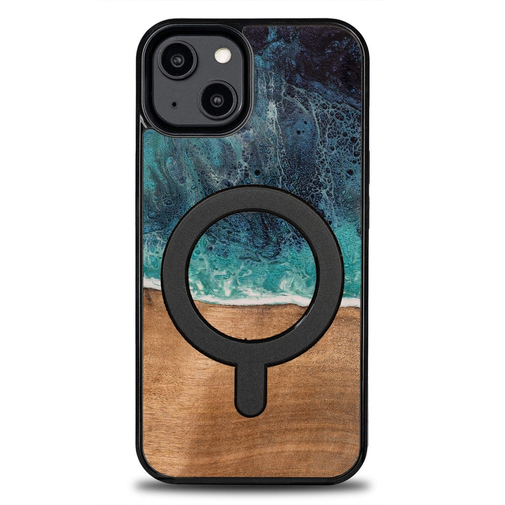 Holzhülle für iPhone 15, Bewood Unique Dream Island für MagSafe, Blau-Braun