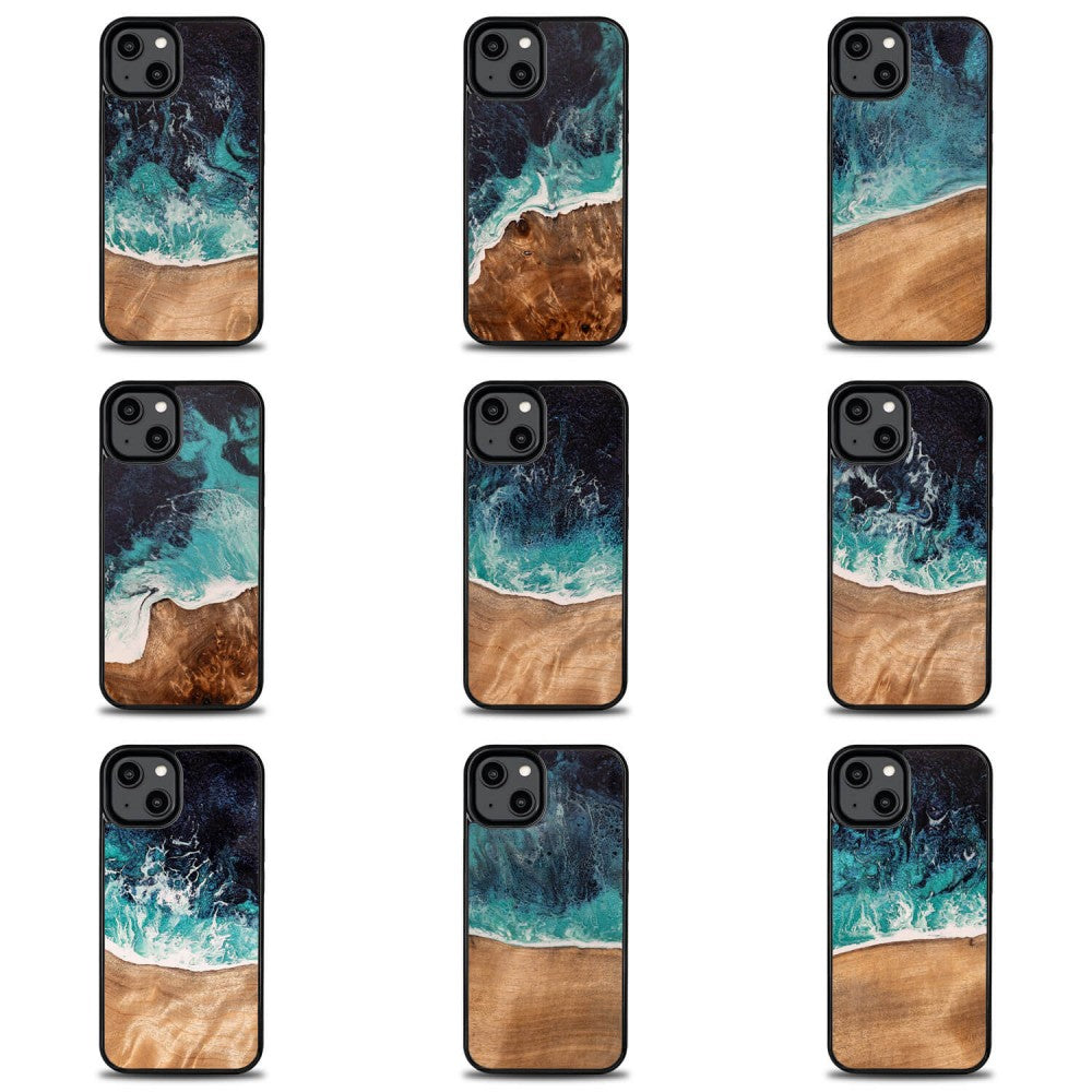 Holzhülle für iPhone 15, Bewood Unique Dream Island, Blau-Braun