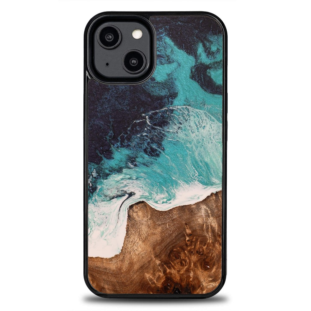 Holzhülle für iPhone 15, Bewood Unique Dream Island, Blau-Braun